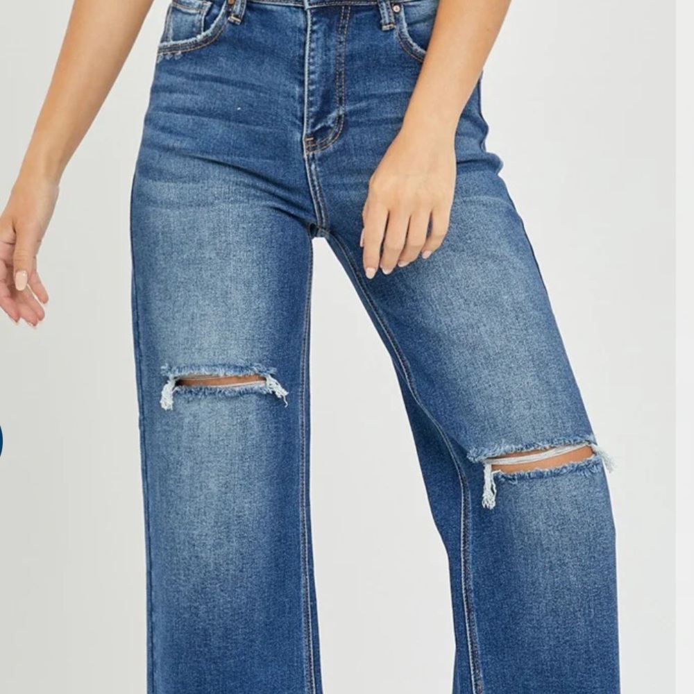 Risen high rise frayed ankle wide leg cropped distressed jeans - Picture 3 of 13